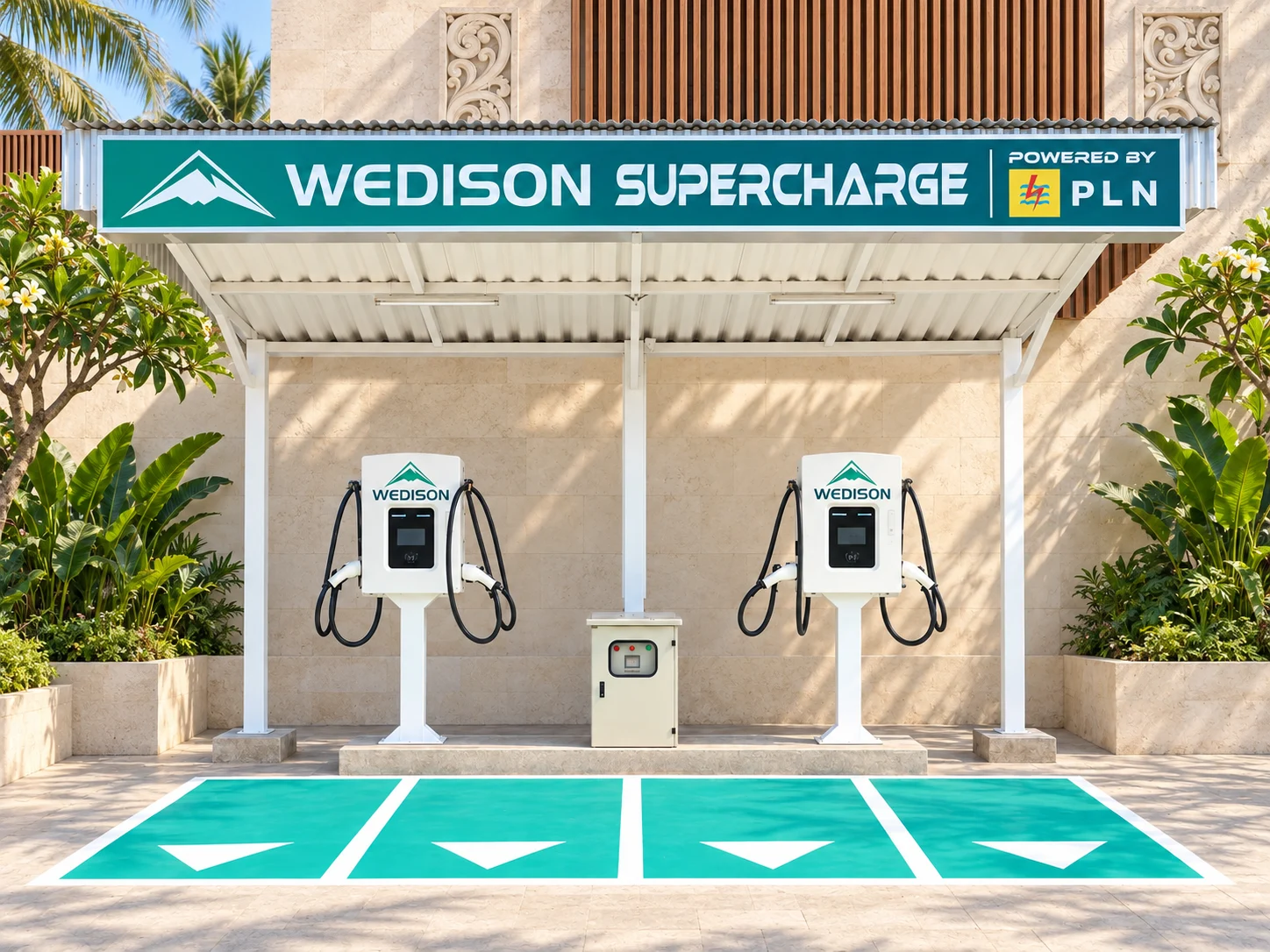 Visual konsep Bali untuk Wedison SuperCharge, berdasarkan bentuk instalasi asli dengan dua charger dan empat petak pengisian